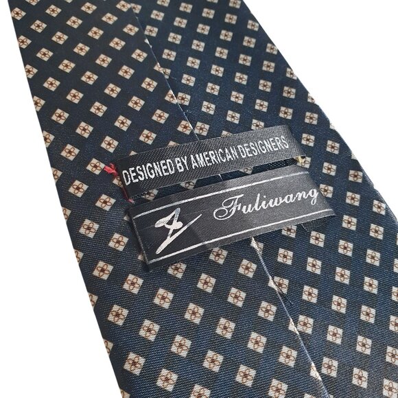 Vintage Fuliwang Mens Geometric Patterned Necktie Shiny Blue Yellow Designer - Picture 4 of 5